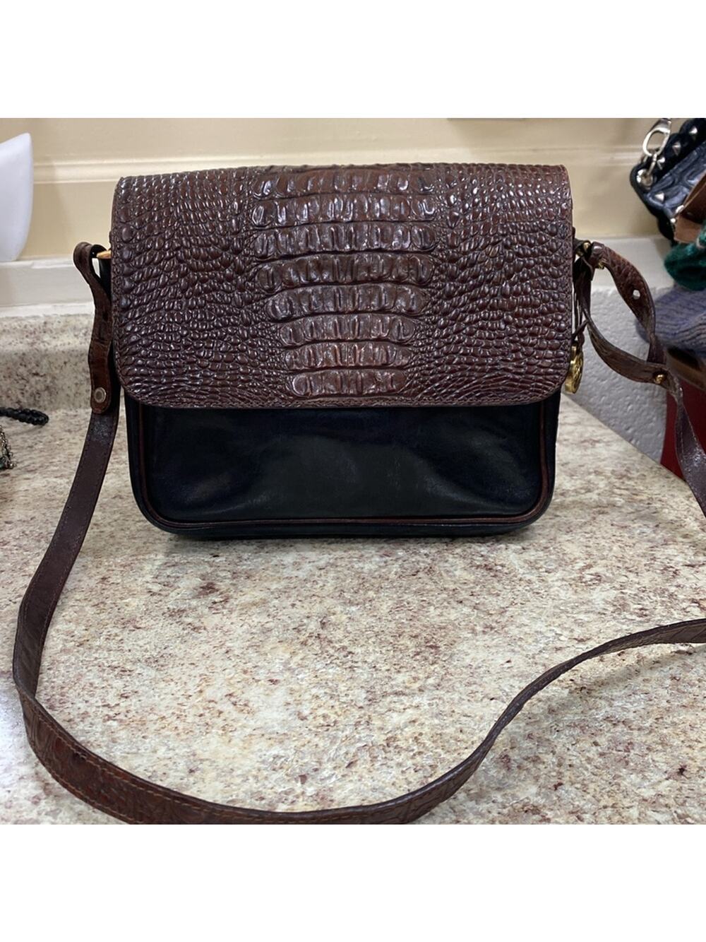 Brahmin Black Brown croc embossed Leather with Gold Hardware crossbody bag